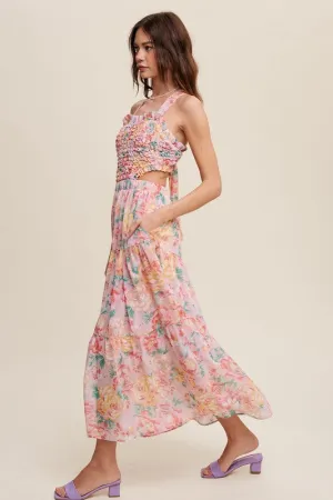 Floral Maxi Dress Smocked Backless Waist Cutouts with Pockets New Women's Fashion Casual Long Summer Dress KESLEY