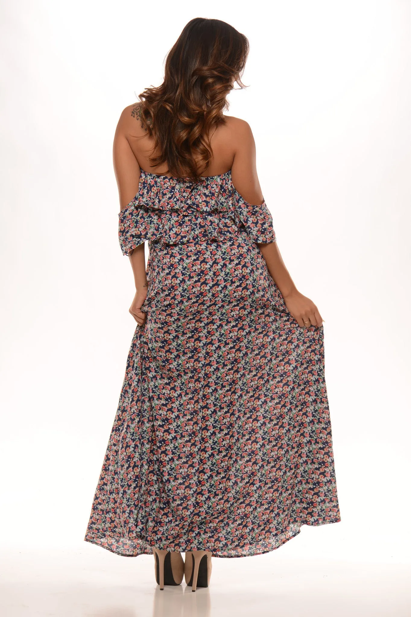 Floral Printed Off Shoulder Ruffle Maxi Dress - Navy