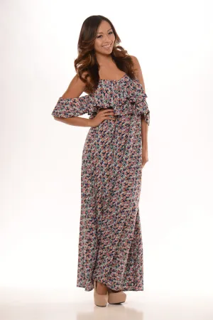 Floral Printed Off Shoulder Ruffle Maxi Dress - Navy