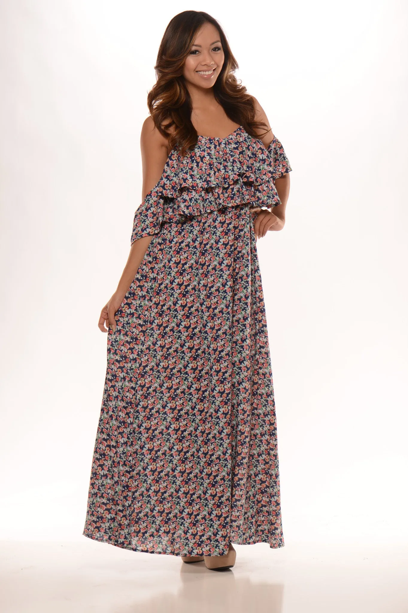 Floral Printed Off Shoulder Ruffle Maxi Dress - Navy