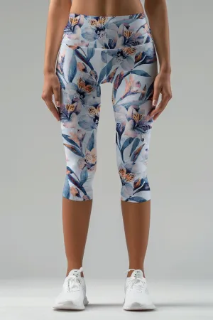 Florescence Ellie Blue Floral Performance Yoga Capri Leggings - Women