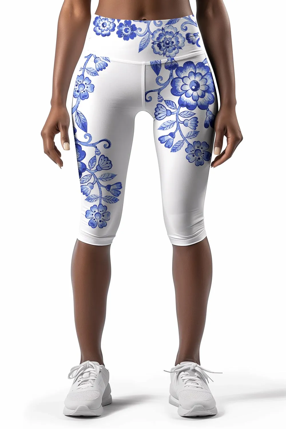 Flowerful Ellie White Blue Floral Printed Yoga Capri Leggings - Women