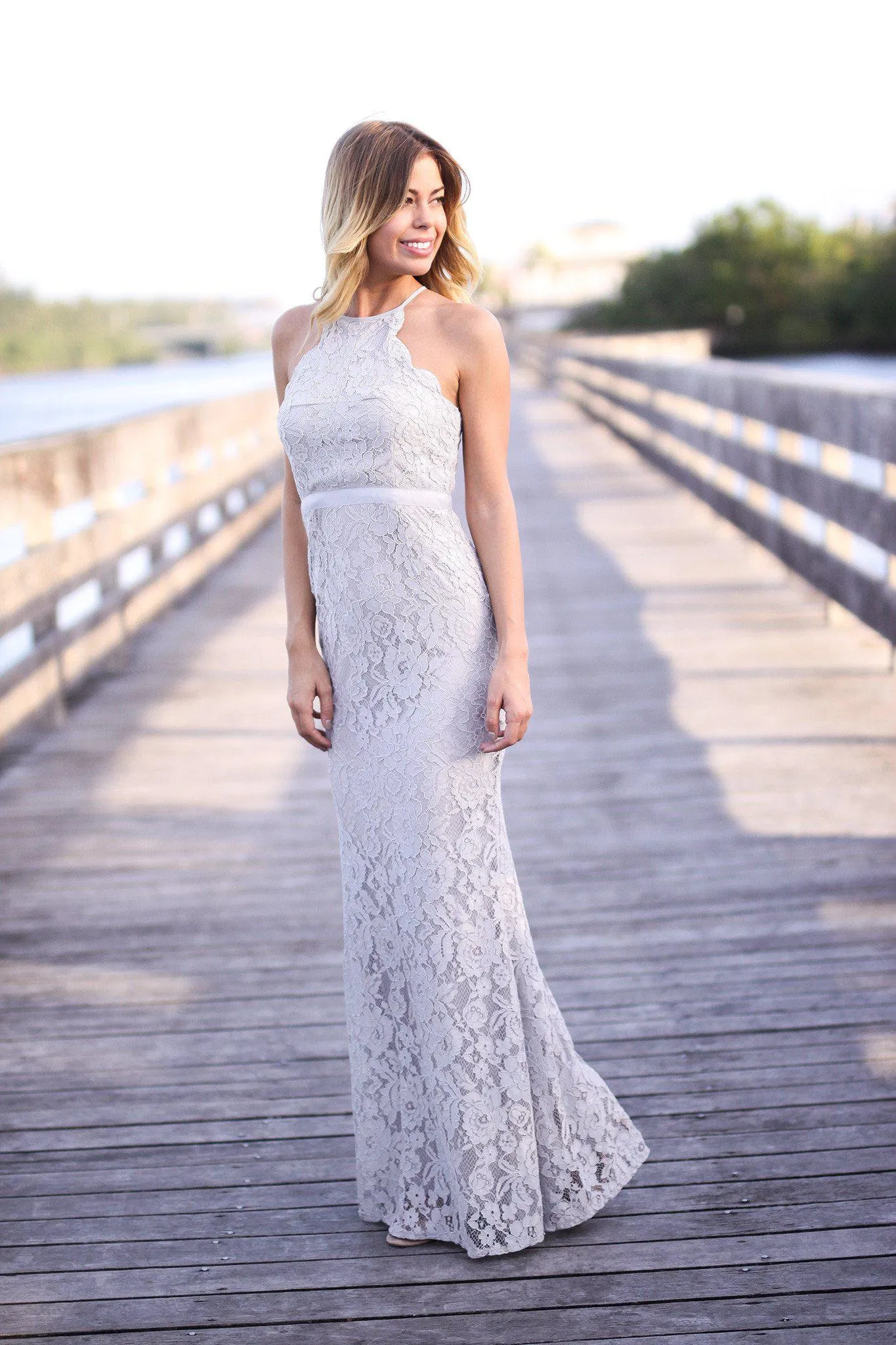 Gray Lace Maxi Dress with Criss Cross Back