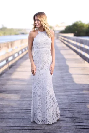 Gray Lace Maxi Dress with Criss Cross Back