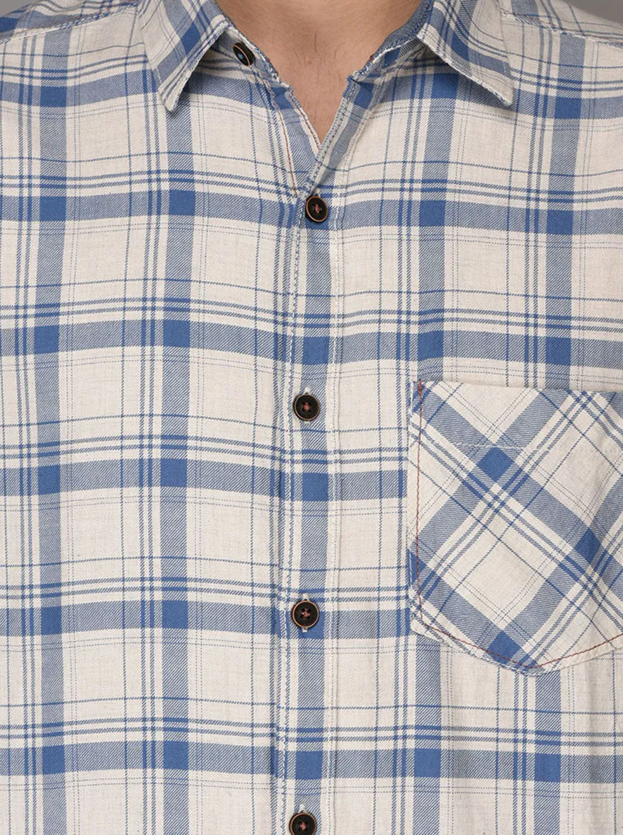 Greenfibre Sky Blue Checked Slim Fit Casual Shirt