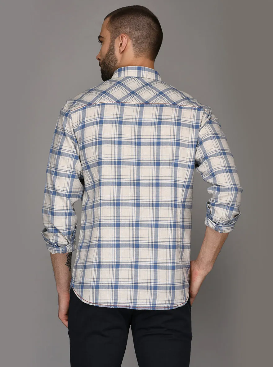 Greenfibre Sky Blue Checked Slim Fit Casual Shirt