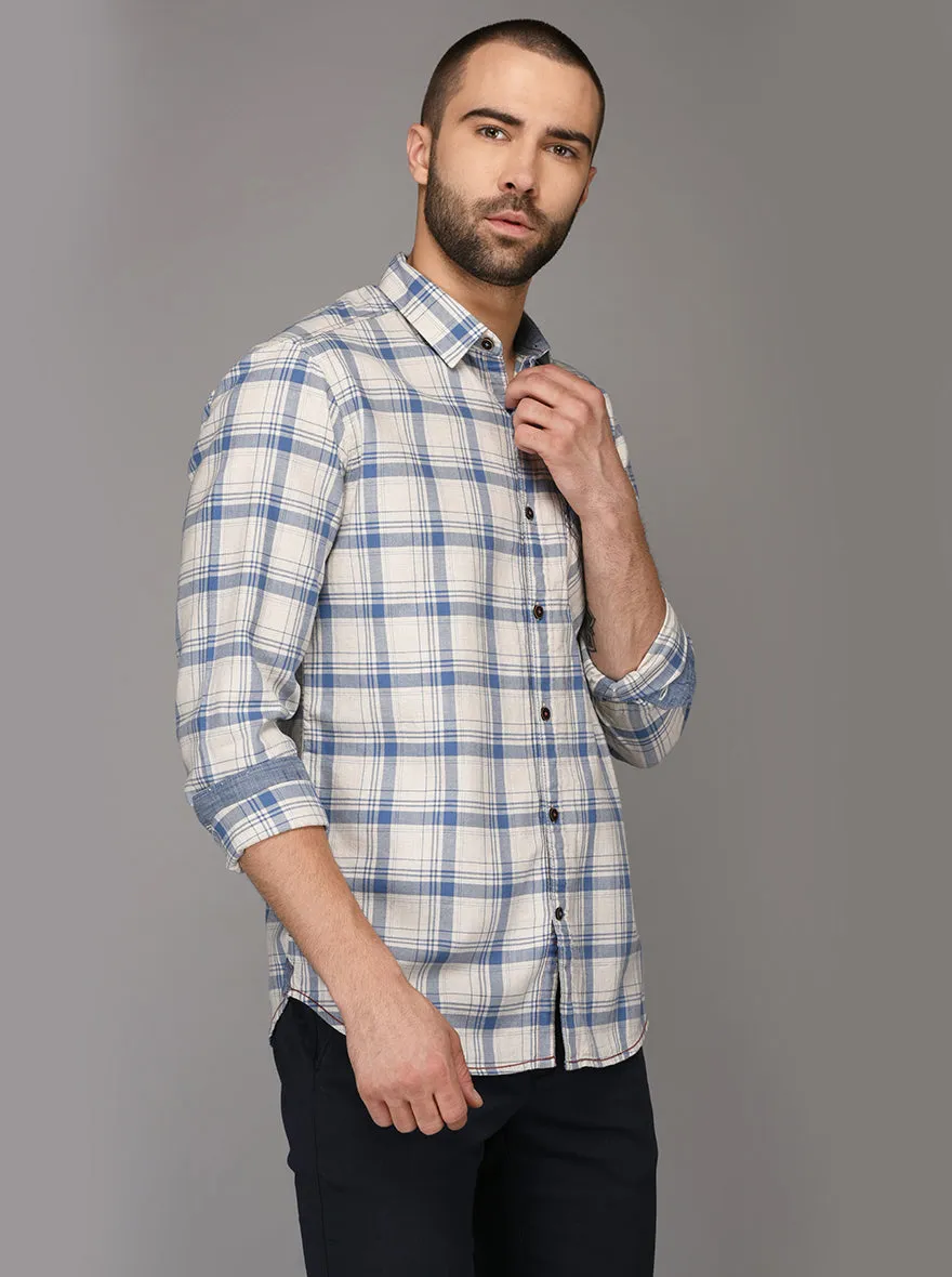 Greenfibre Sky Blue Checked Slim Fit Casual Shirt