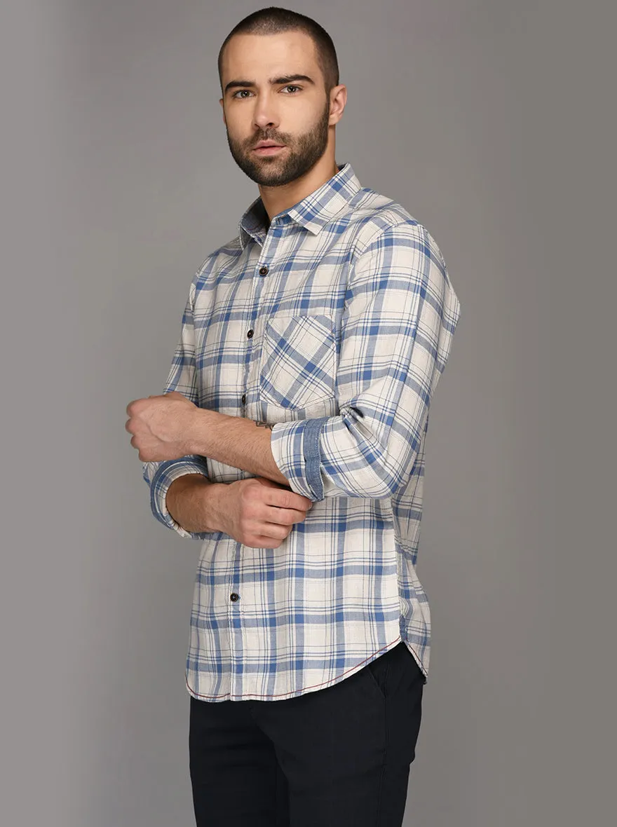 Greenfibre Sky Blue Checked Slim Fit Casual Shirt