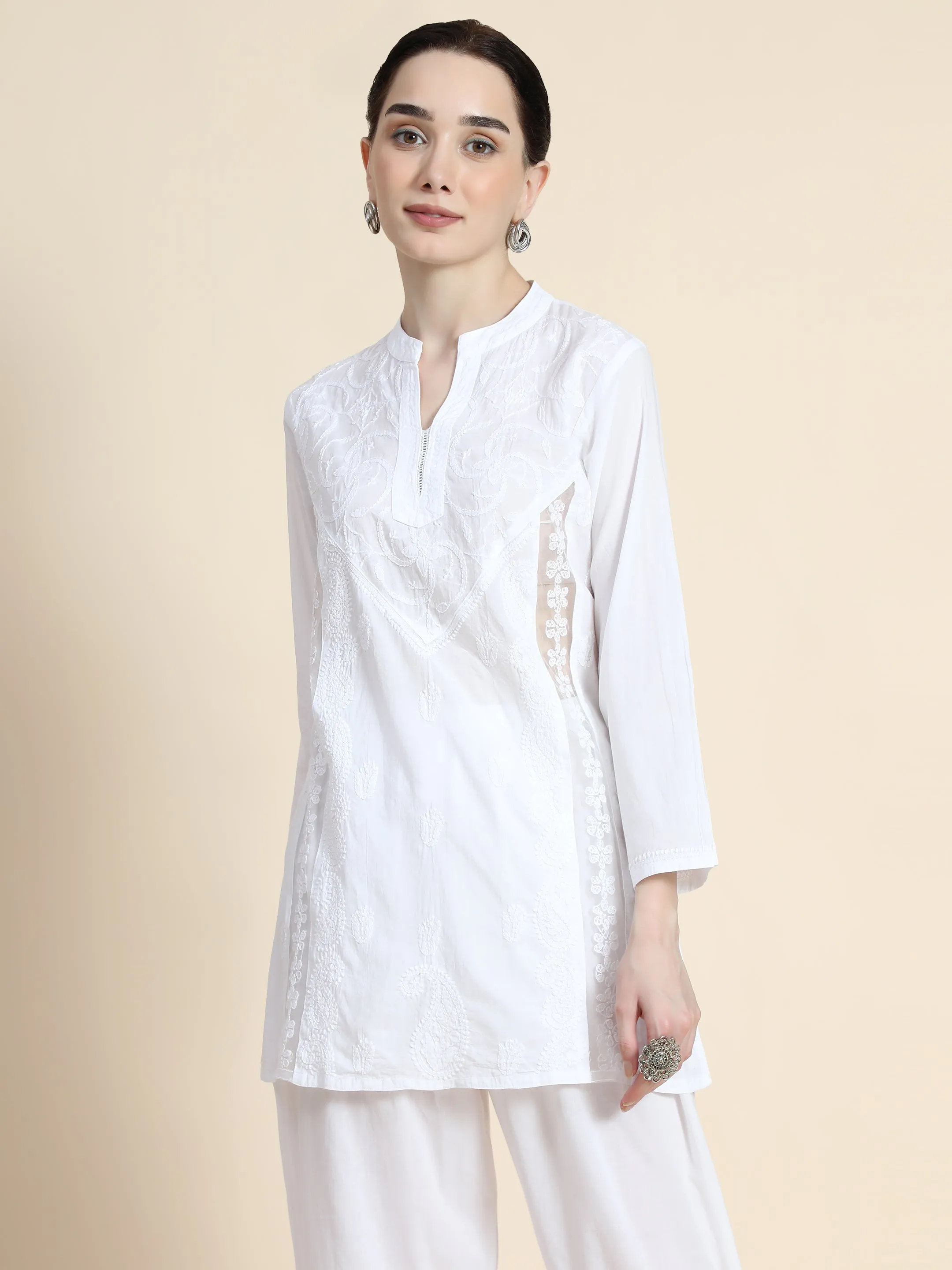 Hand Embroidery Chinakari Printed Short Cotton Tunics-White