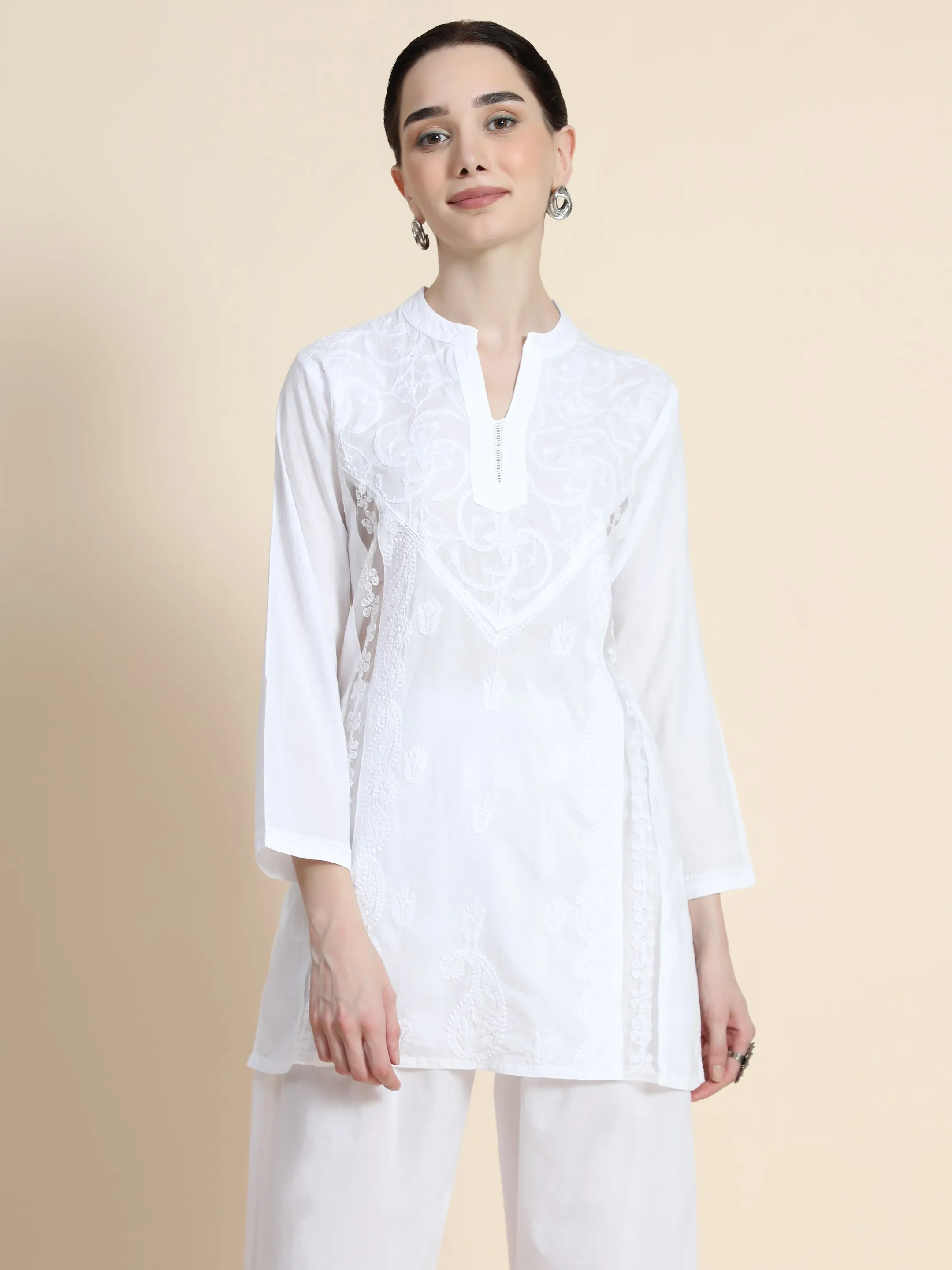 Hand Embroidery Chinakari Printed Short Cotton Tunics-White