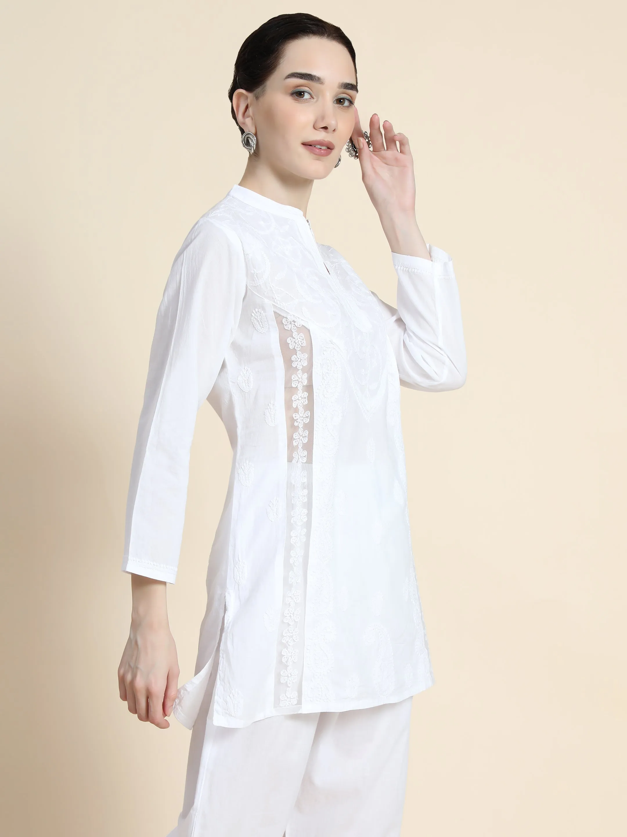 Hand Embroidery Chinakari Printed Short Cotton Tunics-White