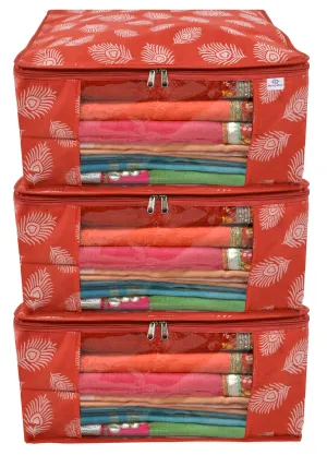 Heart Home Leaf Printed Saree Cover/Clothes Organiser For Wardrobe With Transparent Window, Pack of 3 (Orange)