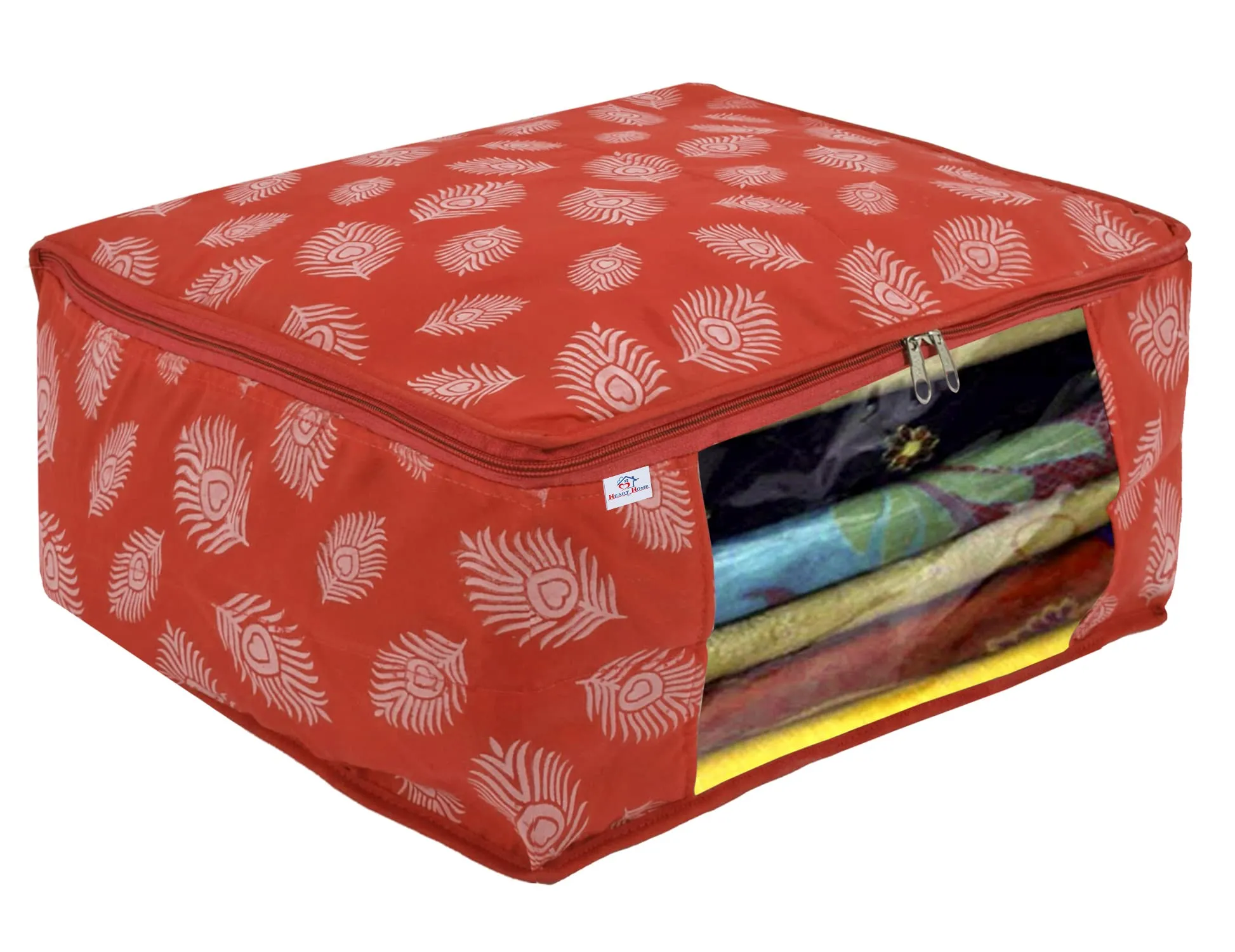 Heart Home Leaf Printed Saree Cover/Clothes Organiser For Wardrobe With Transparent Window, Pack of 3 (Orange)