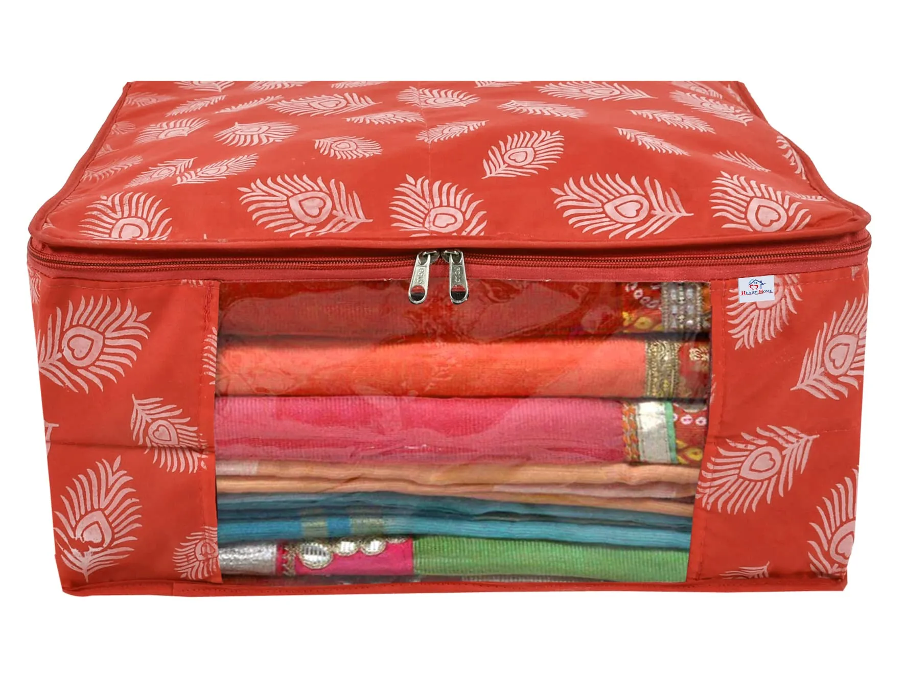 Heart Home Leaf Printed Saree Cover/Clothes Organiser For Wardrobe With Transparent Window, Pack of 3 (Orange)