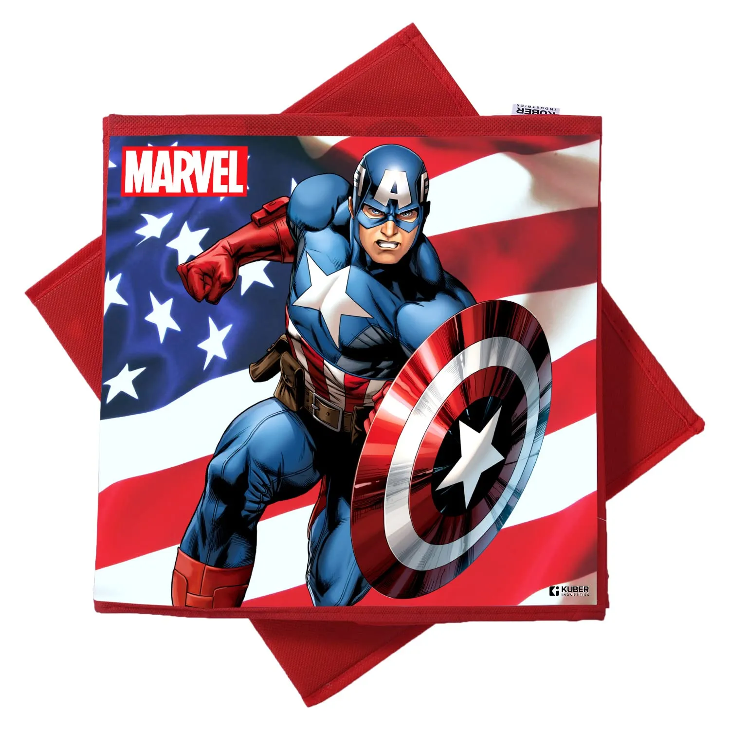 Heart Home Marvel Captain America Print Durable & Collapsible Square Storage Box|Clothes Organizer With Handle,.(Red)