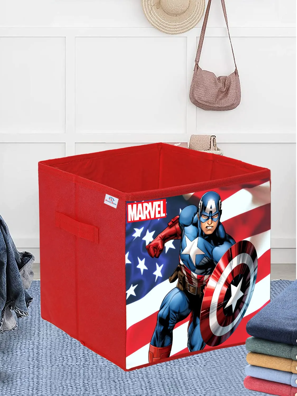 Heart Home Marvel Captain America Print Durable & Collapsible Square Storage Box|Clothes Organizer With Handle,.(Red)