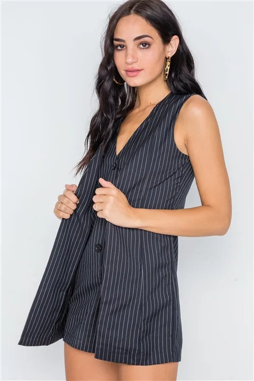 Hot Girl Down To Business Pinstriped Button Down Sleeveless Romper In Navy