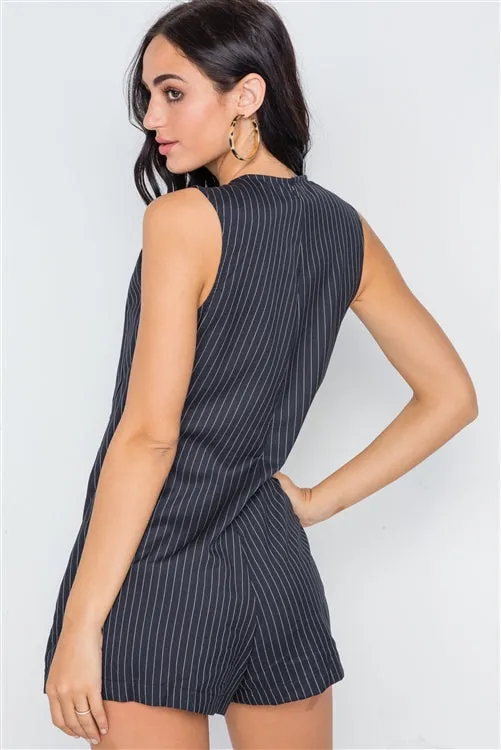 Hot Girl Down To Business Pinstriped Button Down Sleeveless Romper In Navy