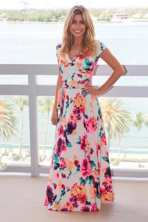 Ivory and Hot Pink Floral Wrap Maxi Dress with Short Sleeves