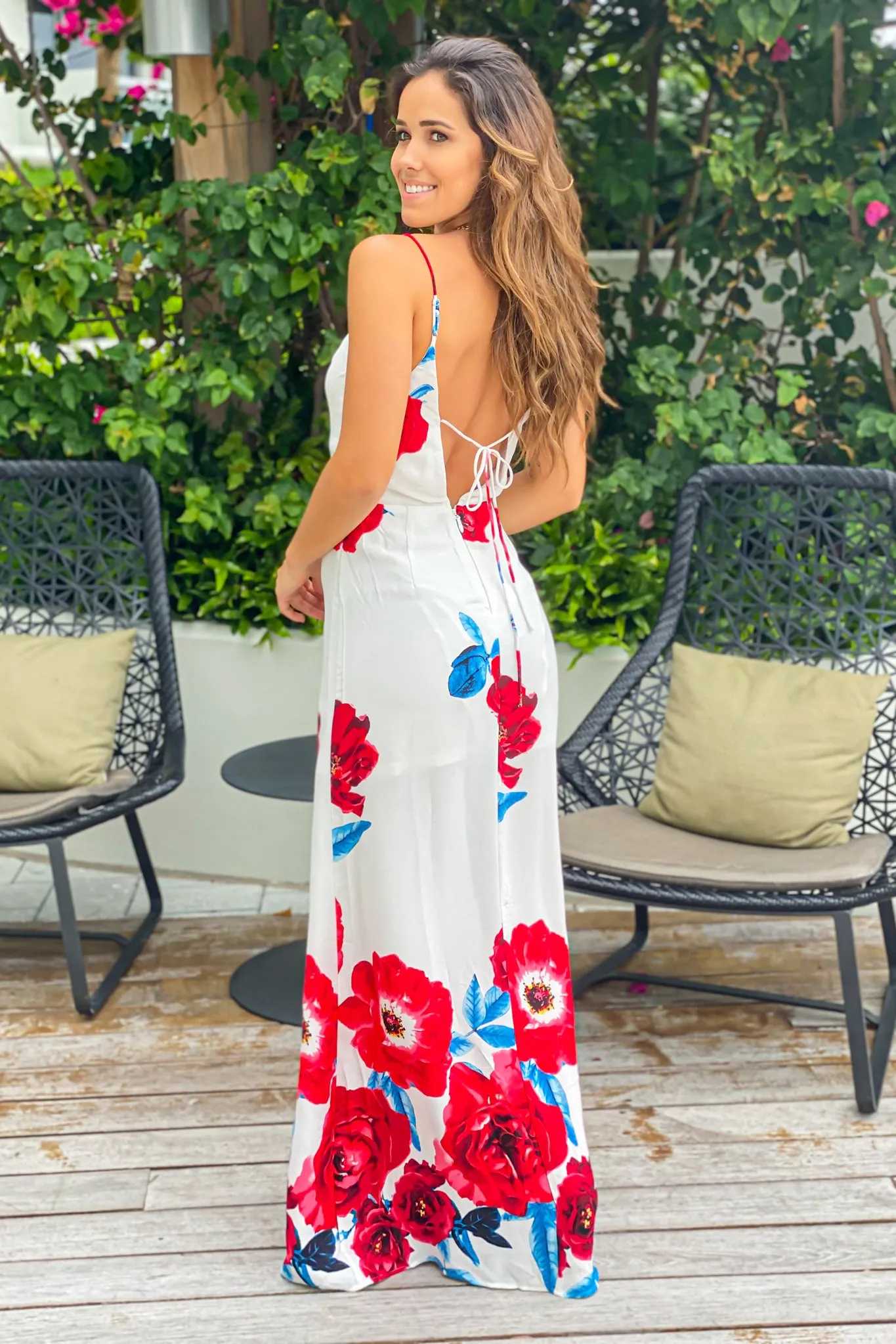 Ivory and Red Printed Floral Maxi Dress with Slits