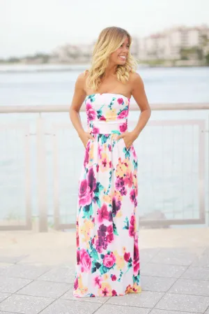 Ivory Floral Sleeveless Maxi Dress with Pockets