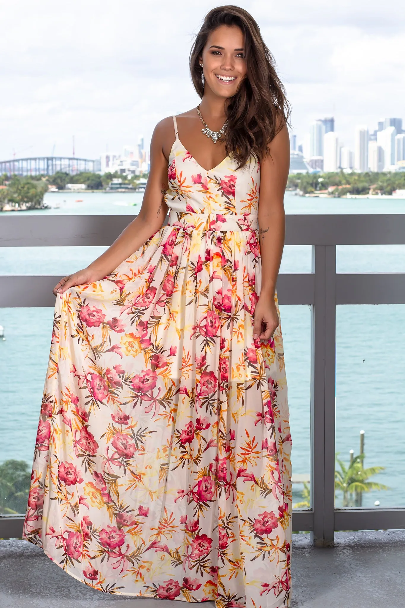 Ivory Floral V-Neck Maxi Dress with Open Back