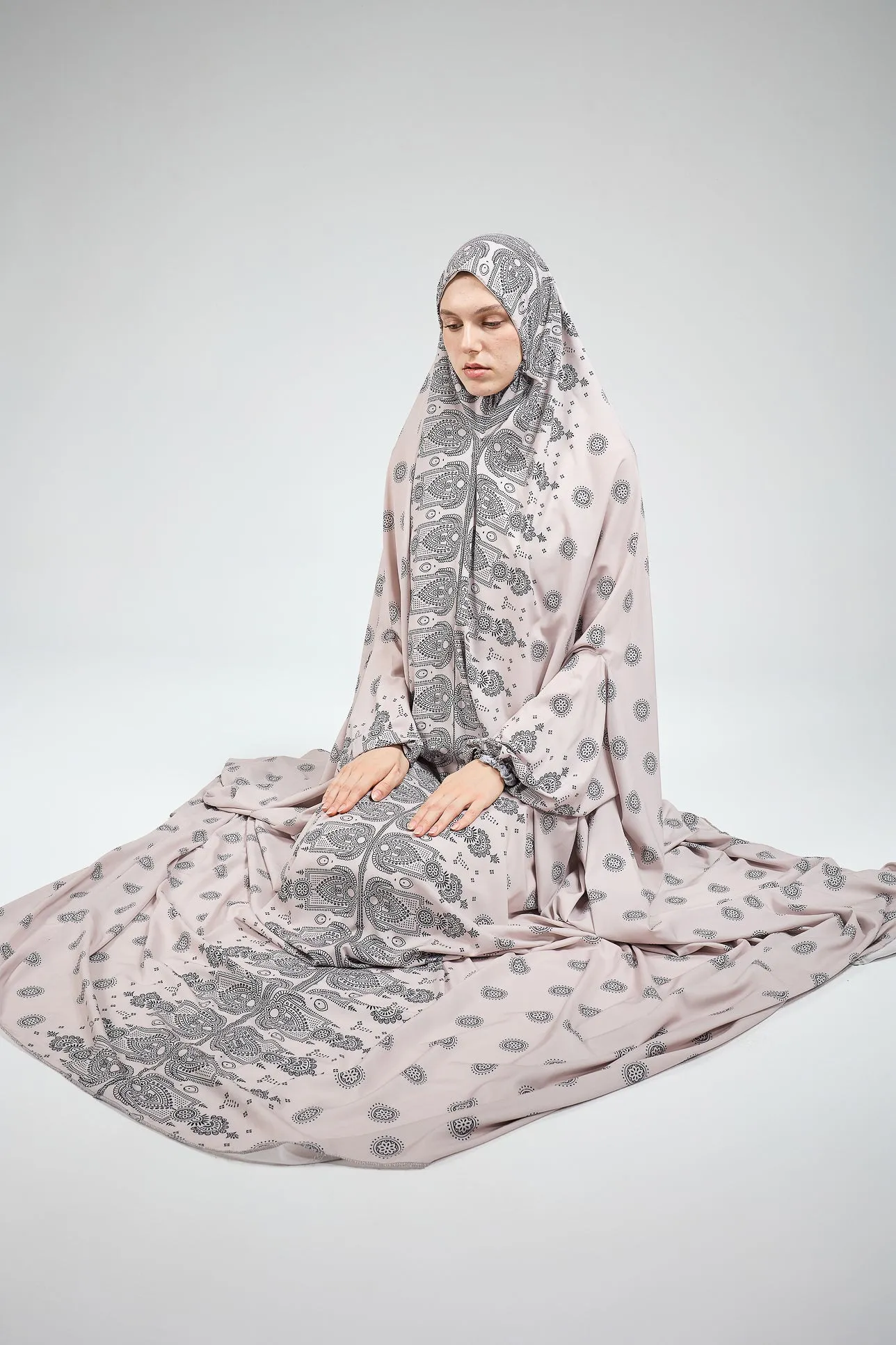 Jameela Satin Home Prayer Gown in Paisley Print with Extended Coverage