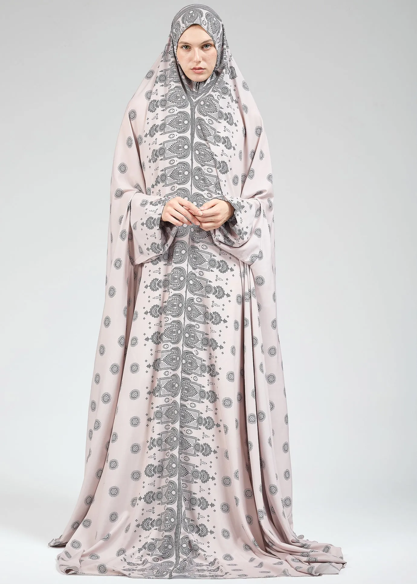 Jameela Satin Home Prayer Gown in Paisley Print with Extended Coverage