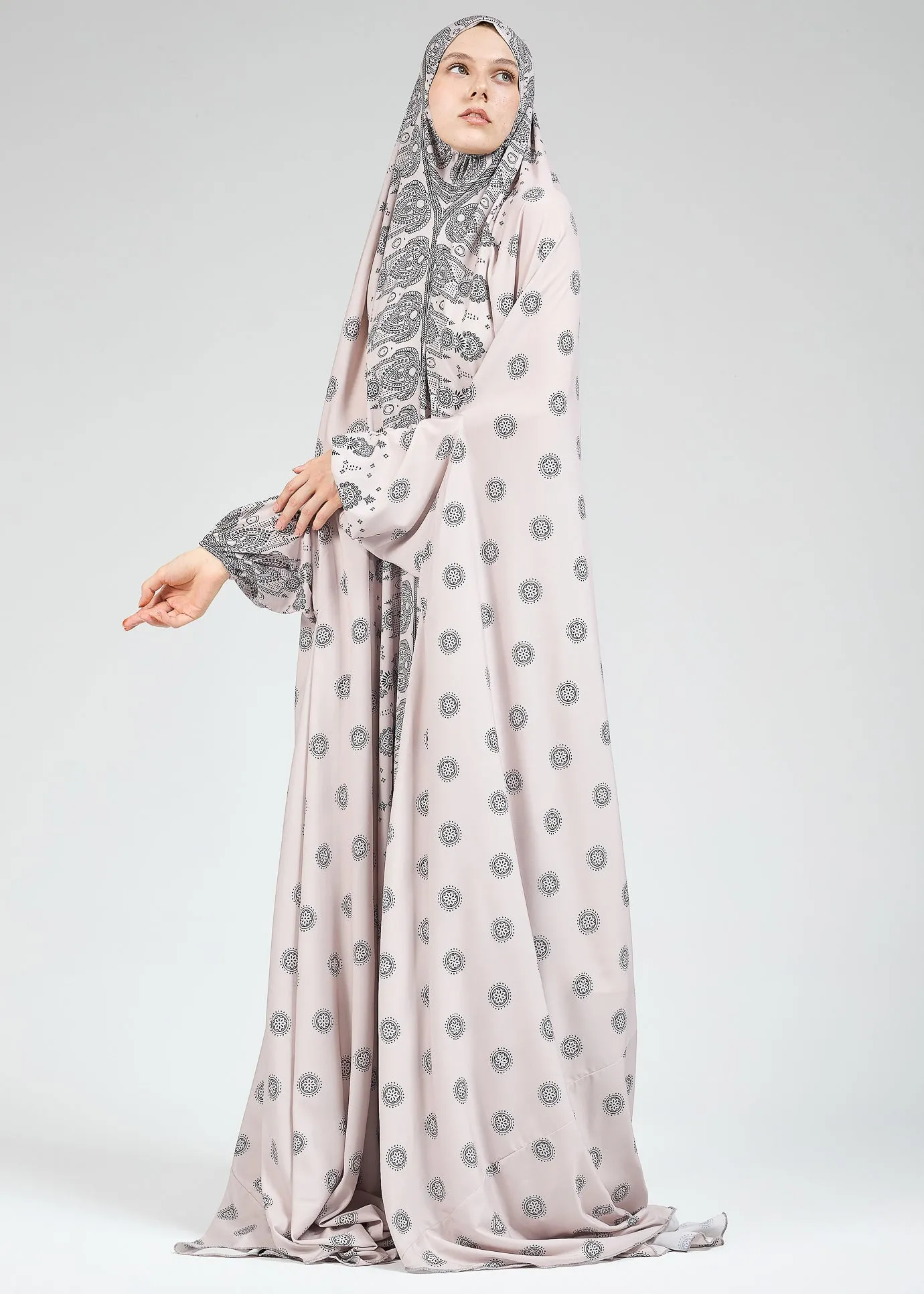 Jameela Satin Home Prayer Gown in Paisley Print with Extended Coverage