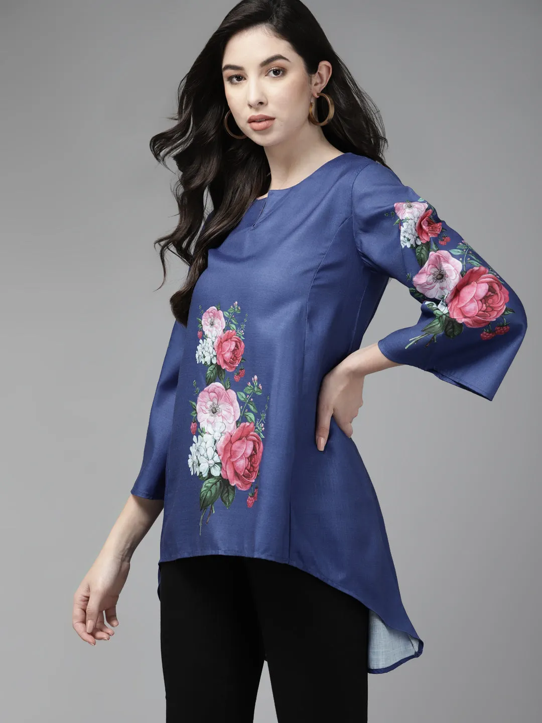 Jashvi Blue & Pink Printed High-Low Tunic