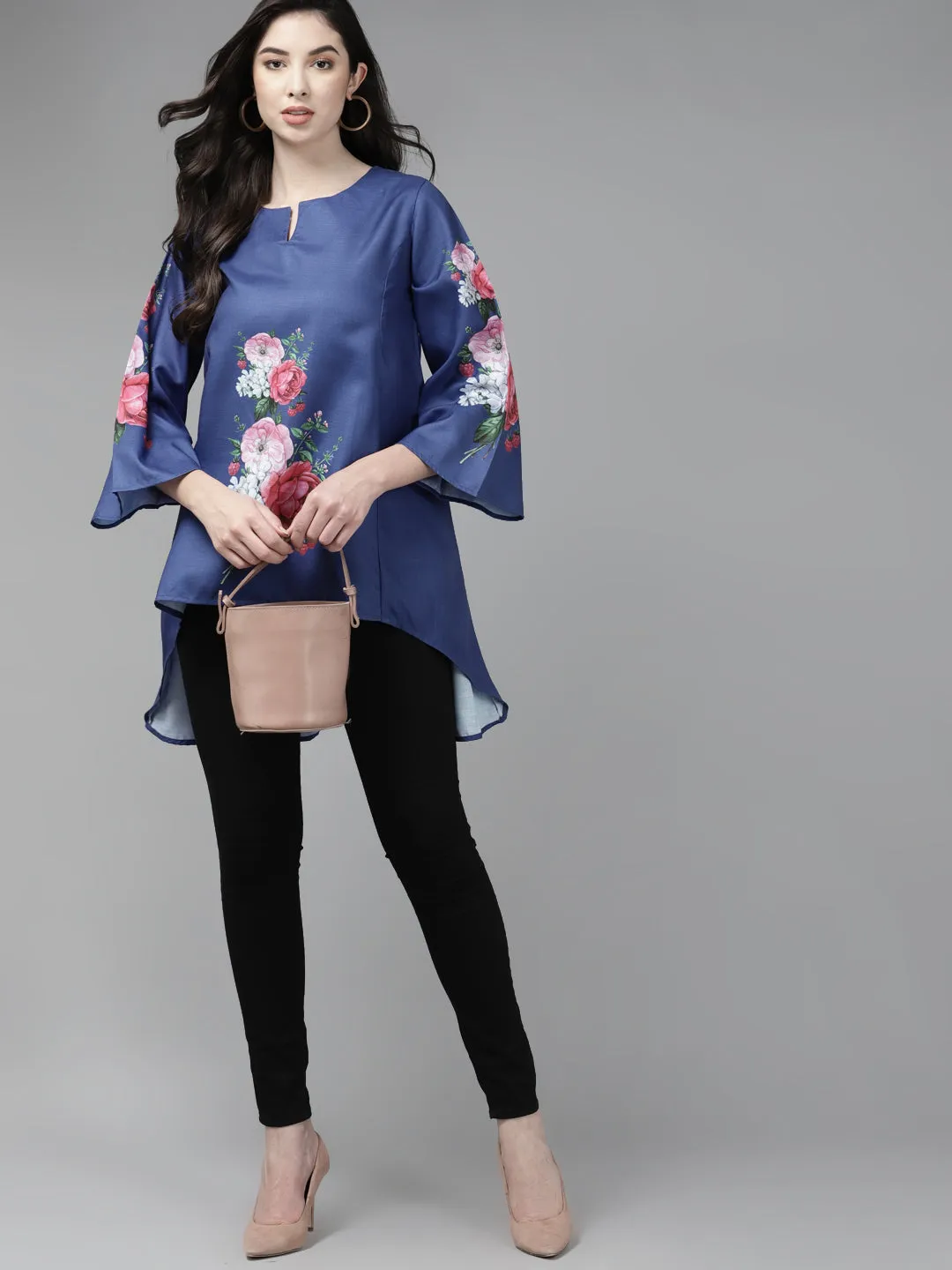 Jashvi Blue & Pink Printed High-Low Tunic