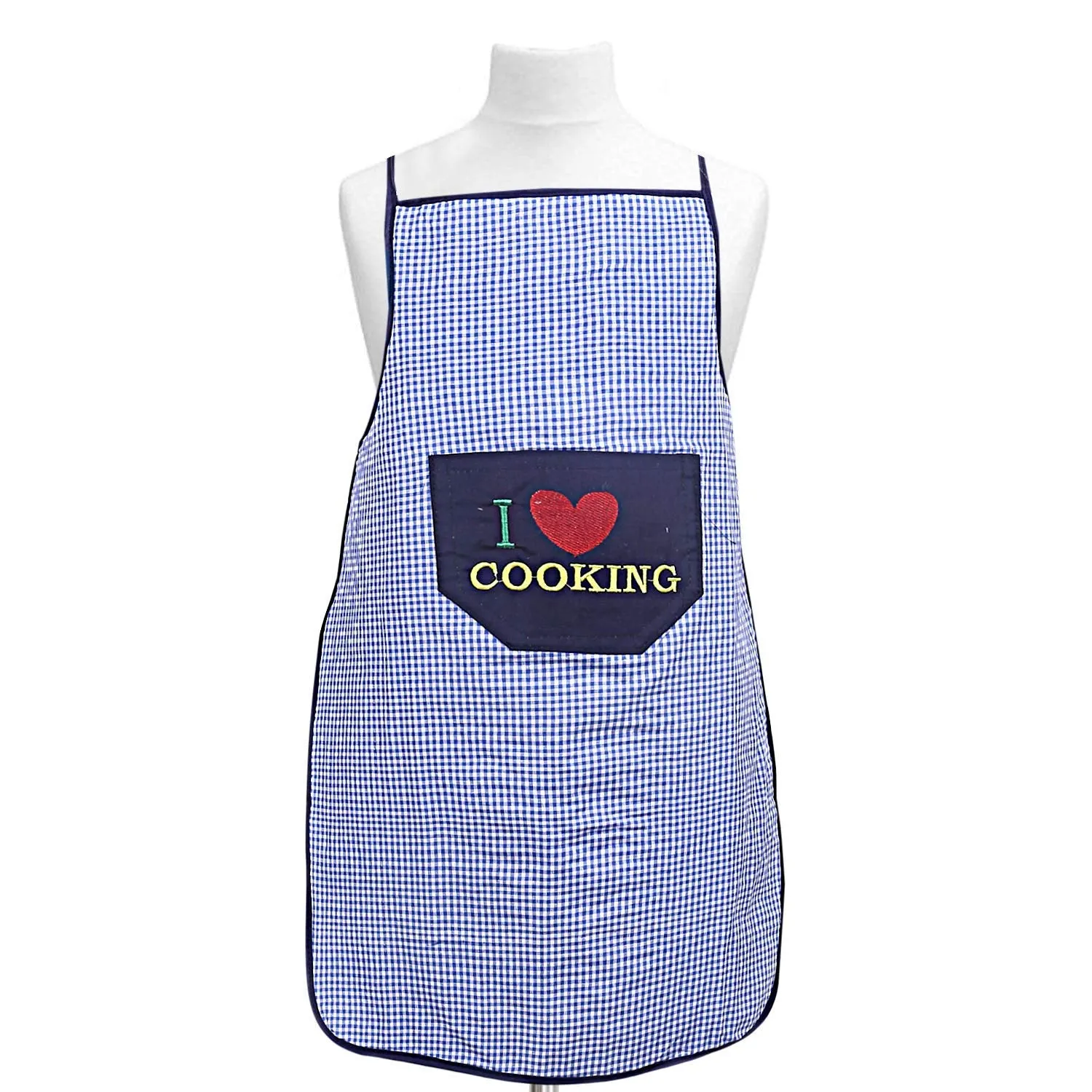 Kuber Industries Checkered Design Cotton Waterproof Apron with Front Pocket (Blue), CTKTC013716