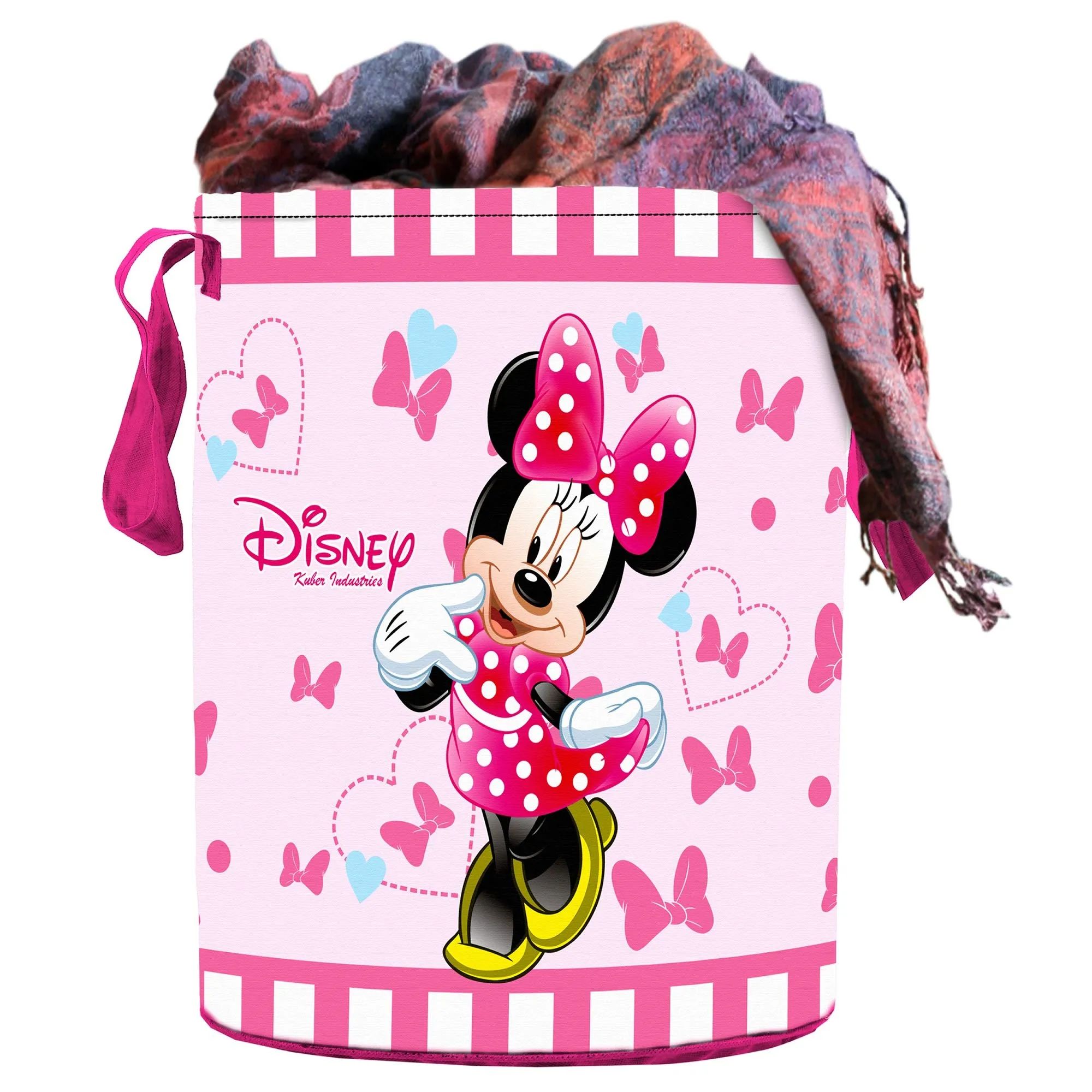 Kuber Industries Disney Print Round Laundry Bag/Bin|Water Proof Material & 3D Disney Minnie Print|Size 37 x 37 x 46 Cm, Capicity 45 L (Pink),Non Woven