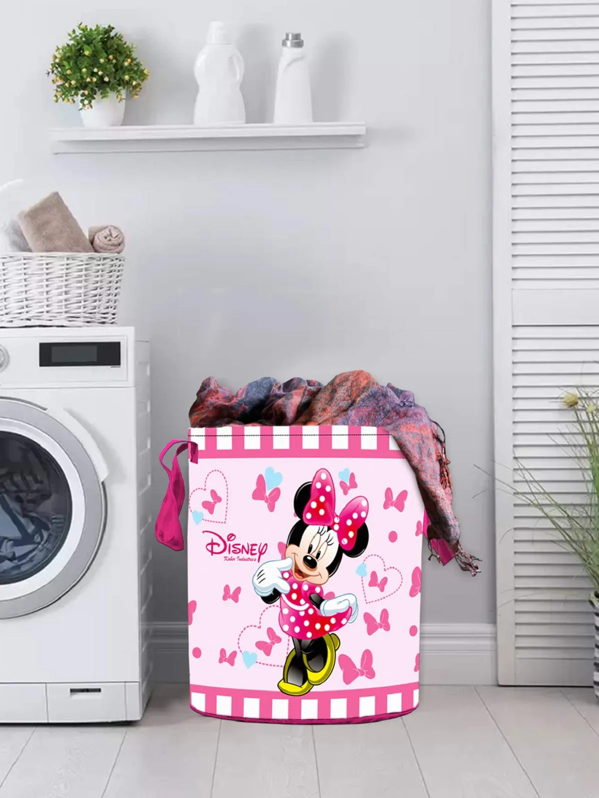 Kuber Industries Disney Print Round Laundry Bag/Bin|Water Proof Material & 3D Disney Minnie Print|Size 37 x 37 x 46 Cm, Capicity 45 L (Pink),Non Woven