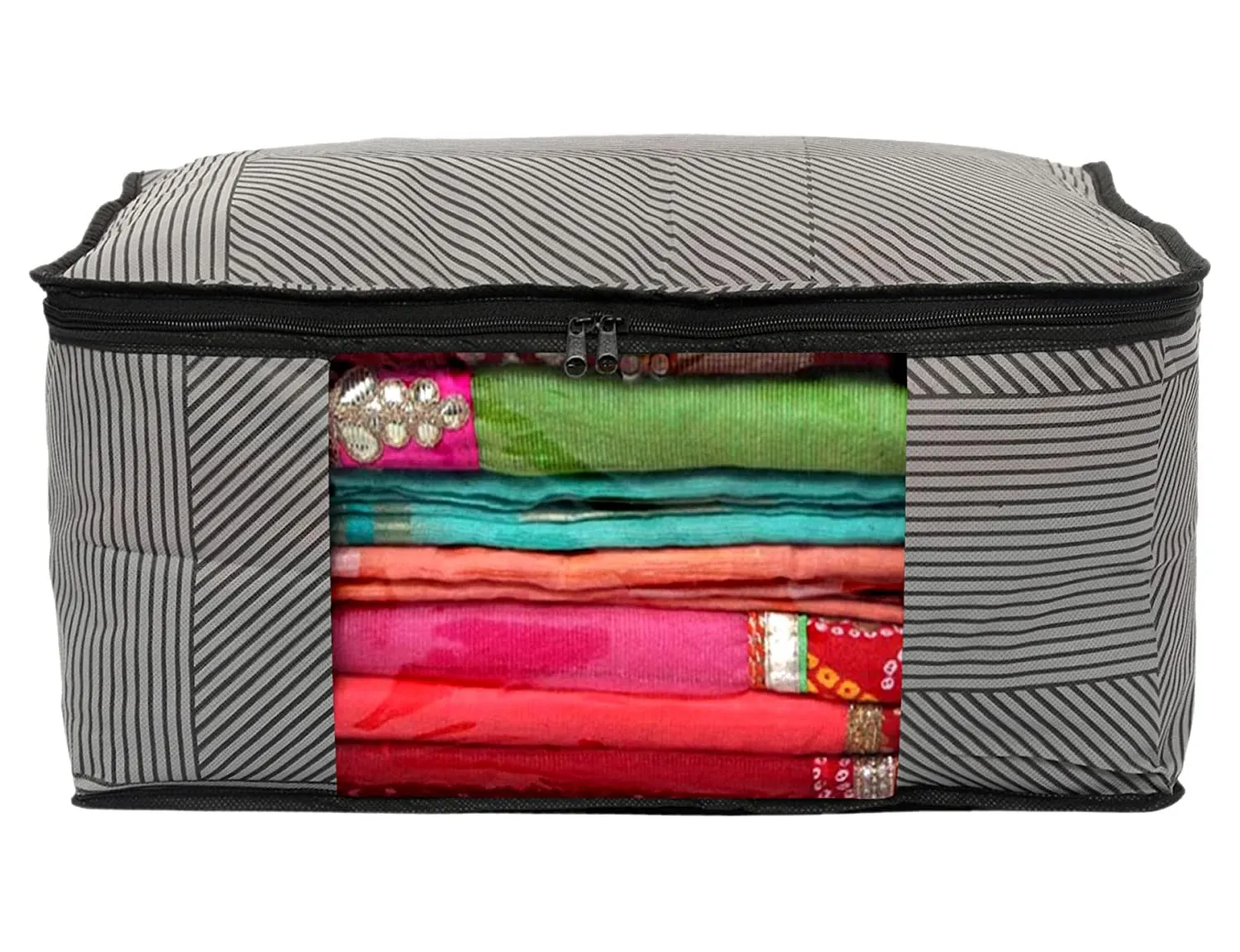 Kuber Industries Non-Woven Geometric Print Saree Covers With Zip|Wardrobe Organizer For Clothes|Transparent Window Keep 8 To 10 Saree|Suitable For Lehenga, Suit, Dress|Pack Of 6 (Black & Grey)