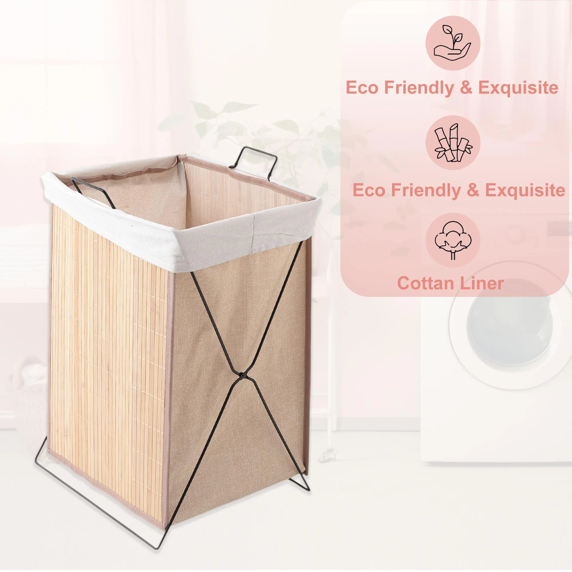 Kuber Industries Pack of 5 Foldable Bamboo Laundry Basket For Clothes With Lid | 51 Ltr Washing Clothes Storage Bag & Laundry Box - Light Brown