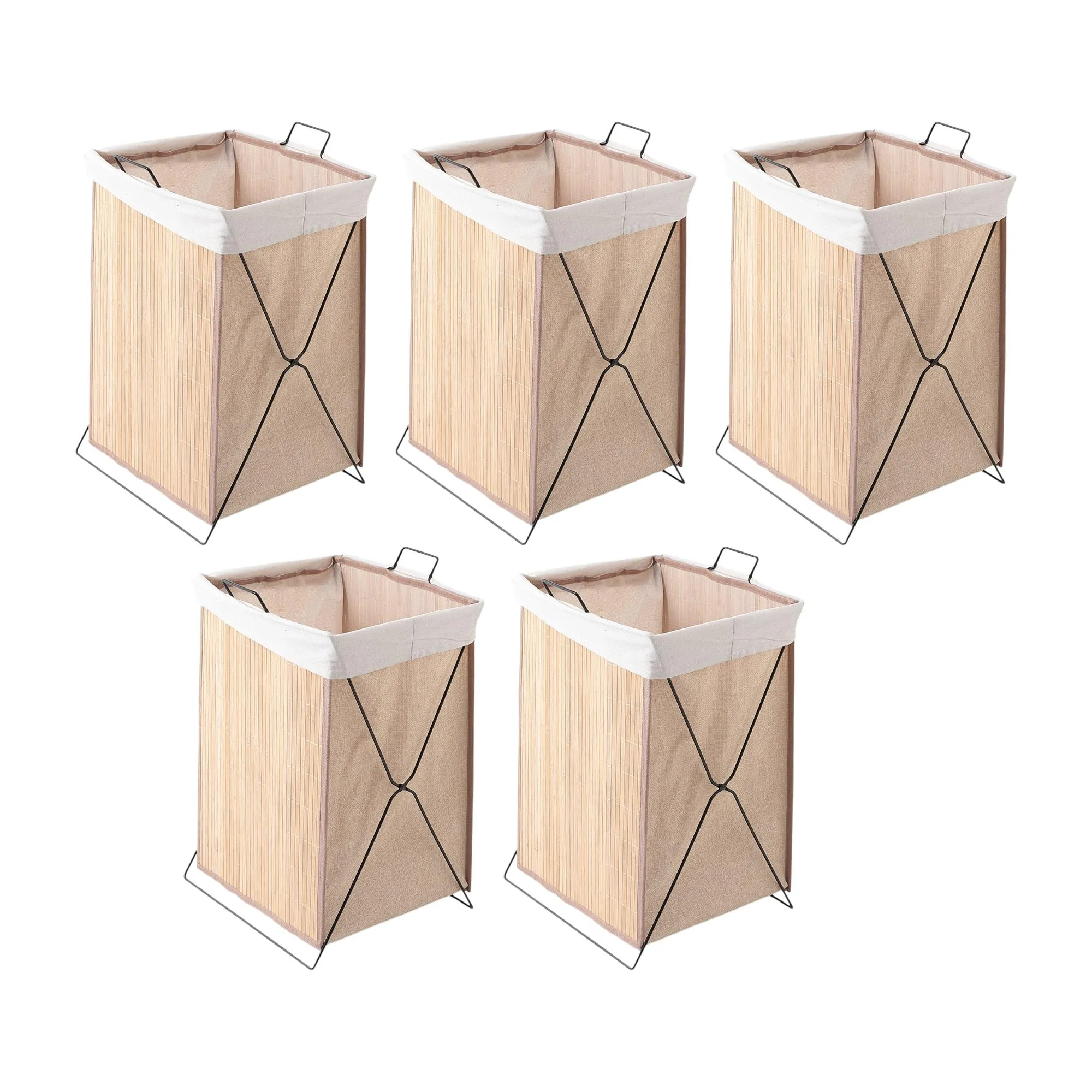 Kuber Industries Pack of 5 Foldable Bamboo Laundry Basket For Clothes With Lid | 51 Ltr Washing Clothes Storage Bag & Laundry Box - Light Brown