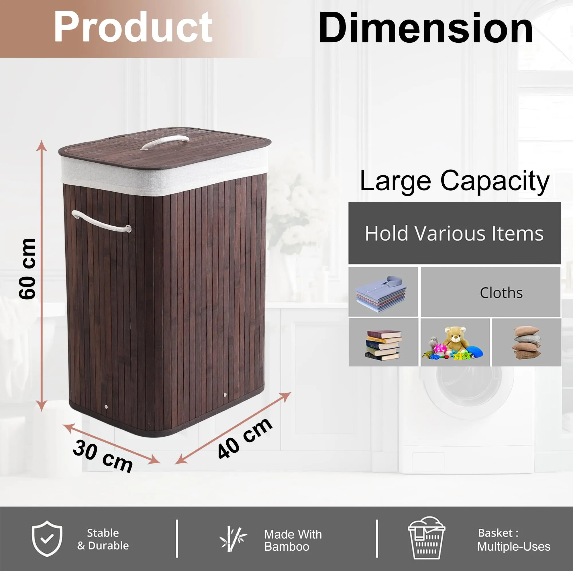 Kuber Industries Pack of 6 Rectangle Bamboo Laundry Basket For Clothes With Lid | 72 Ltr Washing Clothes Storage Bag & Laundry Box - Dark Brown