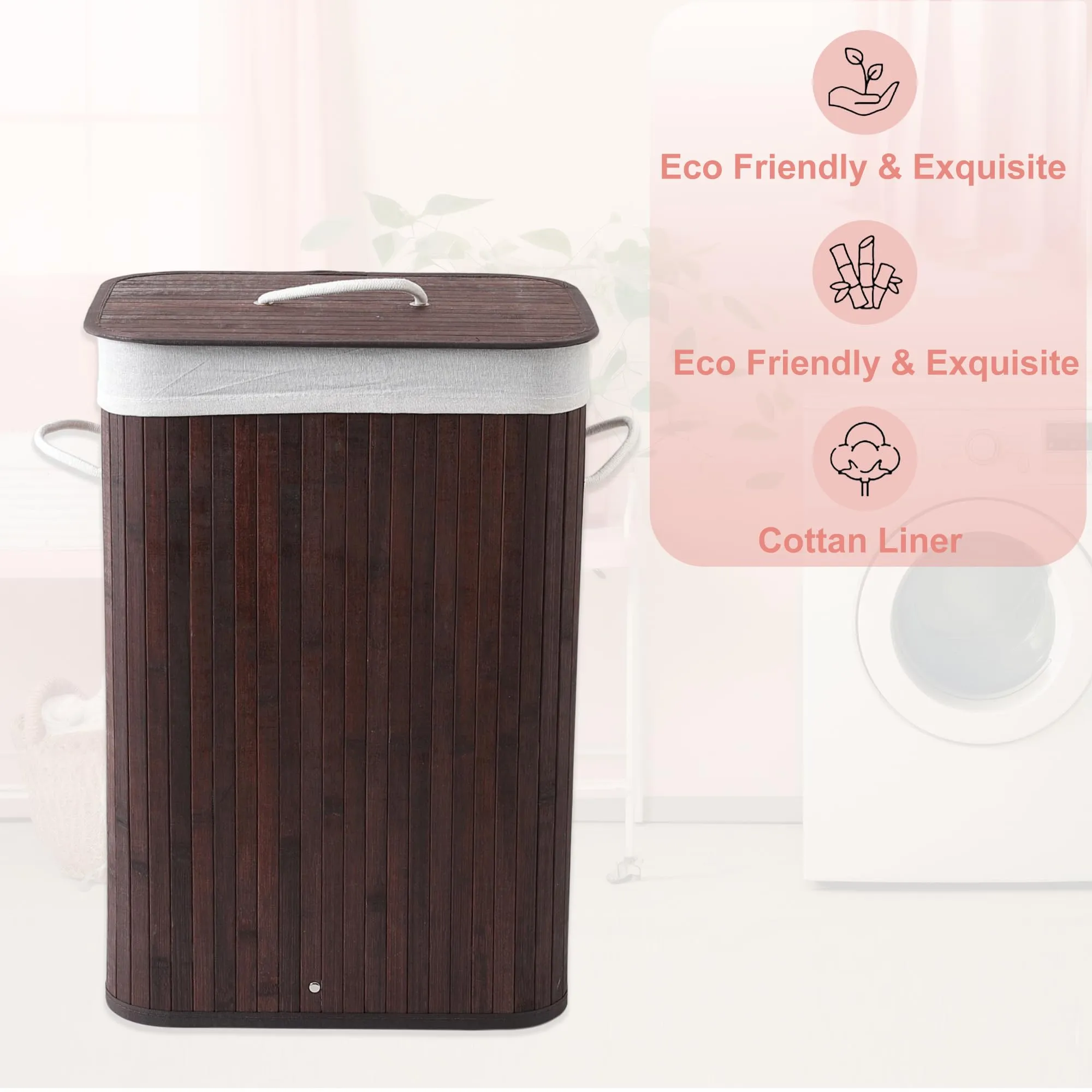 Kuber Industries Pack of 6 Rectangle Bamboo Laundry Basket For Clothes With Lid | 72 Ltr Washing Clothes Storage Bag & Laundry Box - Dark Brown