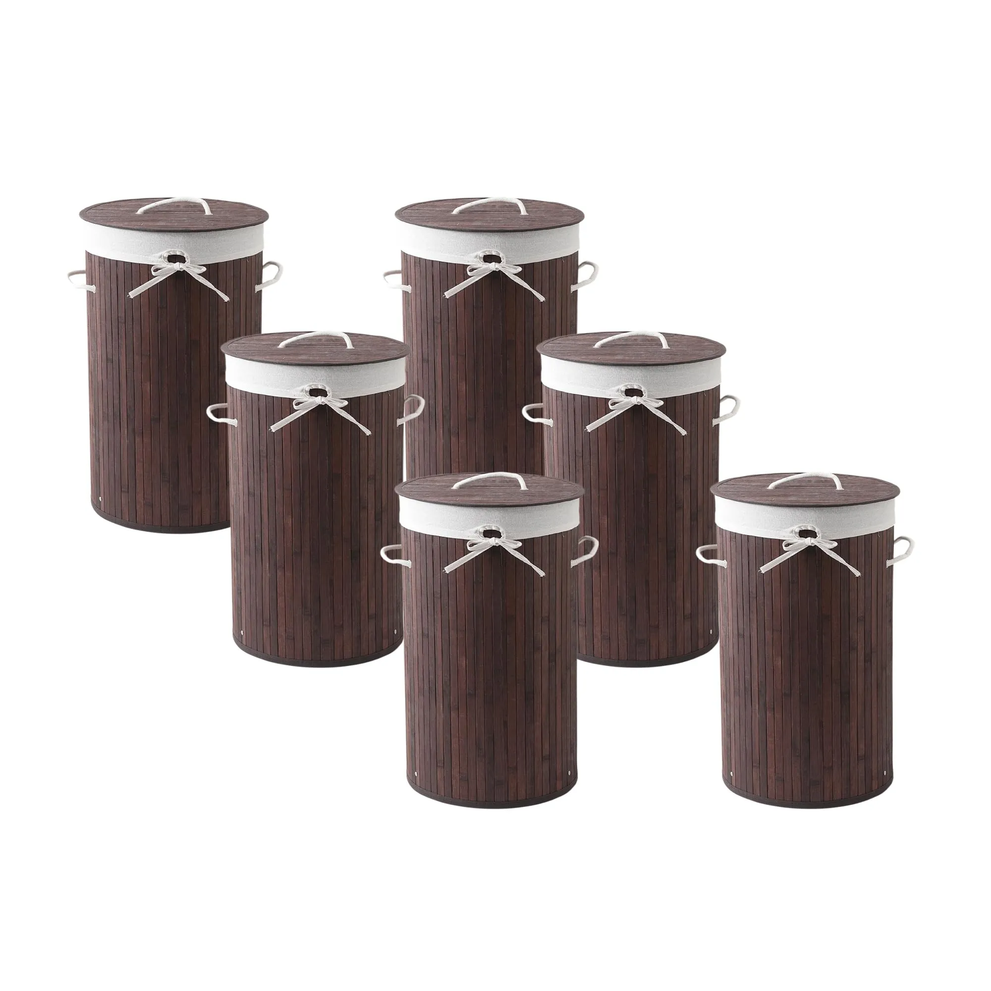 Kuber Industries Pack of 6 Round Bamboo Laundry Basket For Clothes With Lid | 73 Ltr Used/Washing Clothes Bag & Laundry Box - Dark Brown