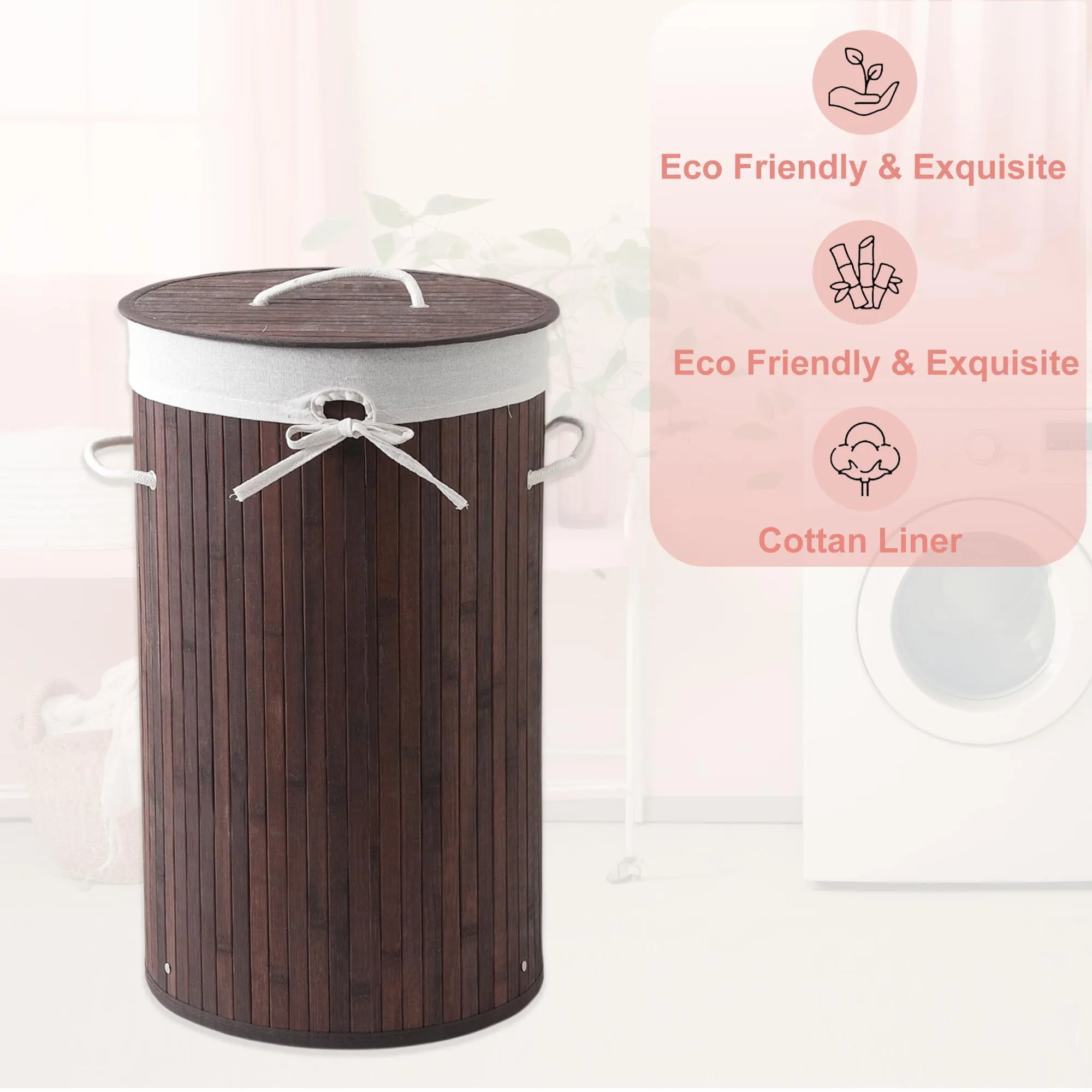 Kuber Industries Pack of 6 Round Bamboo Laundry Basket For Clothes With Lid | 73 Ltr Used/Washing Clothes Bag & Laundry Box - Dark Brown