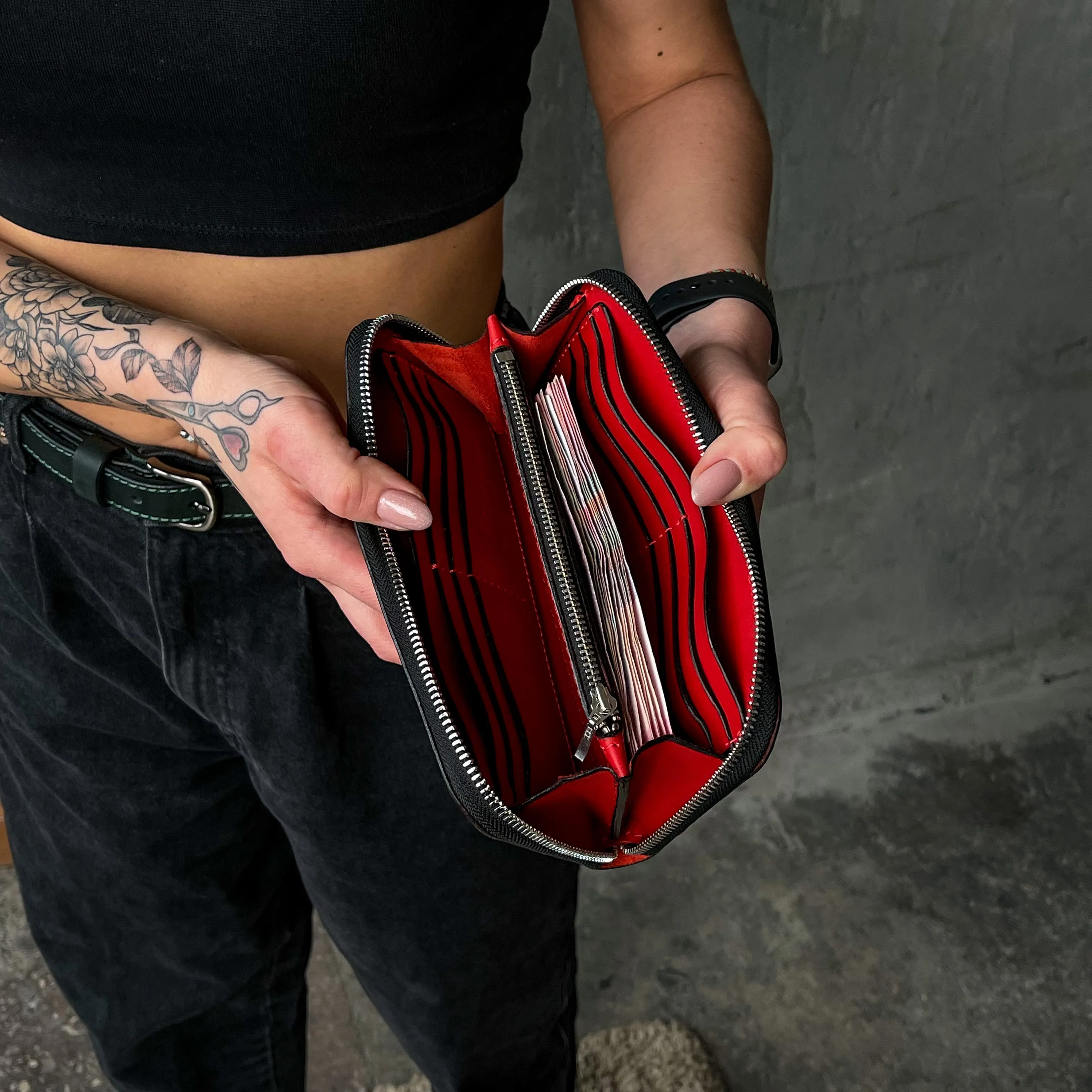 Leather zip around wallet, Red Leather Clutch, handmade women's wallet