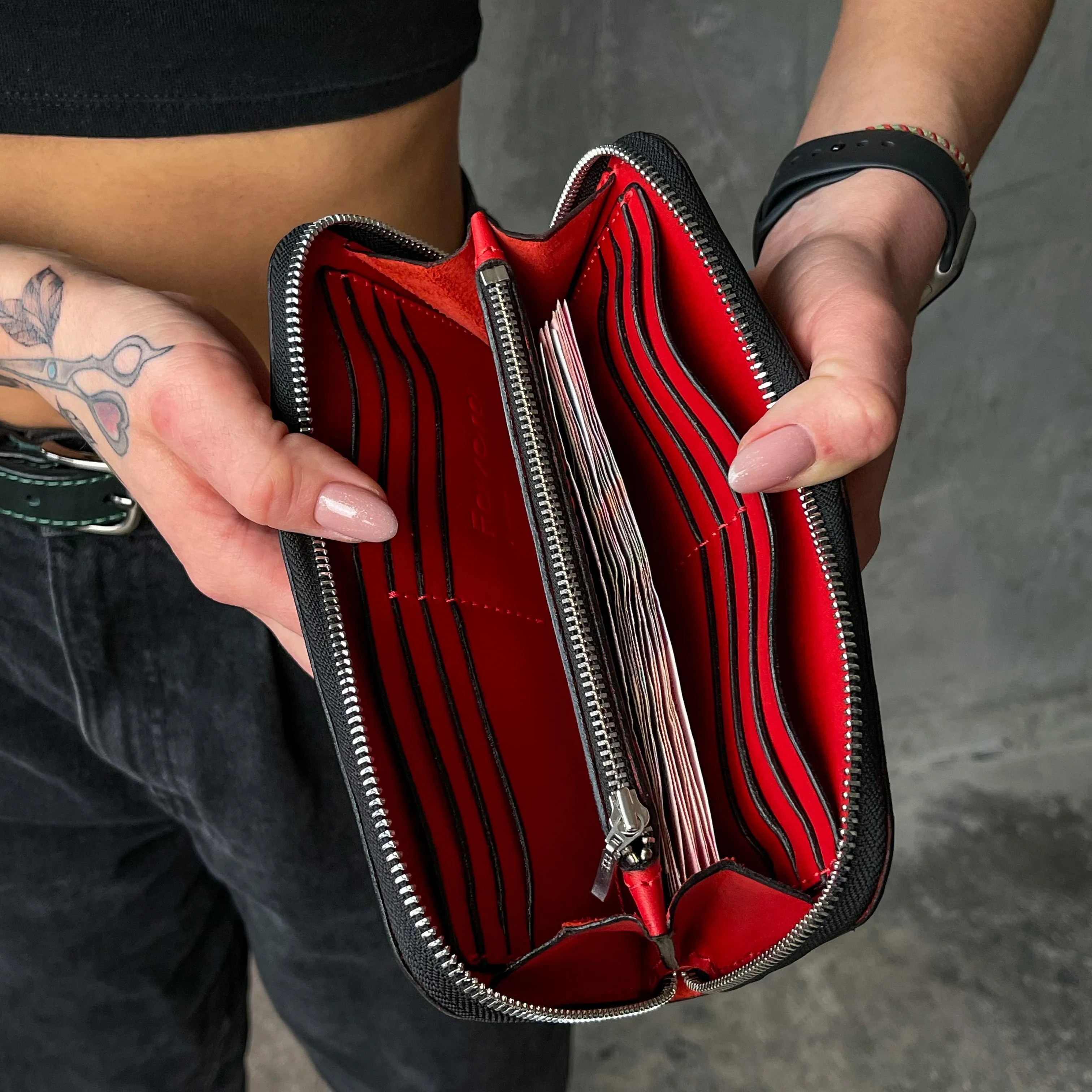 Leather zip around wallet, Red Leather Clutch, handmade women's wallet