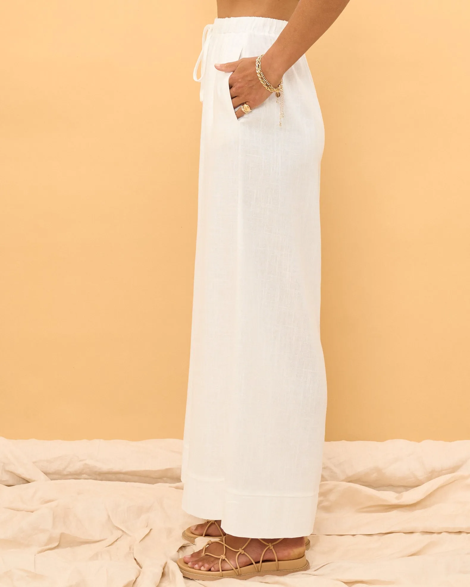 Levie White Linen Wide Leg Pants