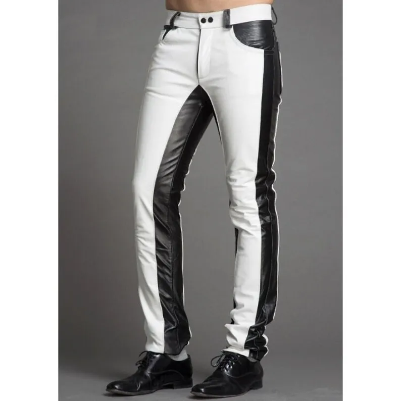 Men Leather Real Jeans Style White/Black Pant Handmade Lambskin Trousers LP-084