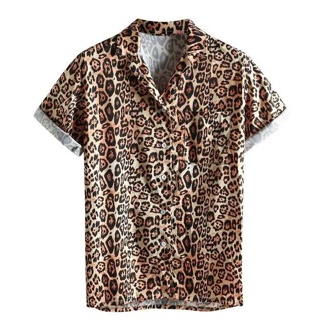 Mens Shirt Fashion Leopard Printed Chest Pocket Turn Down Collar Short Sleeve Casual Autumn Loose Shirt top blouse new 2019