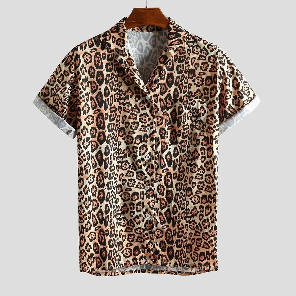 Mens Shirt Fashion Leopard Printed Chest Pocket Turn Down Collar Short Sleeve Casual Autumn Loose Shirt top blouse new 2019