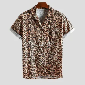 Mens Shirt Fashion Leopard Printed Chest Pocket Turn Down Collar Short Sleeve Casual Autumn Loose Shirt top blouse new 2019