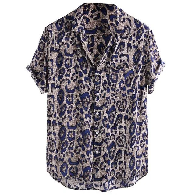 Mens Shirt Fashion Leopard Printed Chest Pocket Turn Down Collar Short Sleeve Casual Autumn Loose Shirt top blouse new 2019