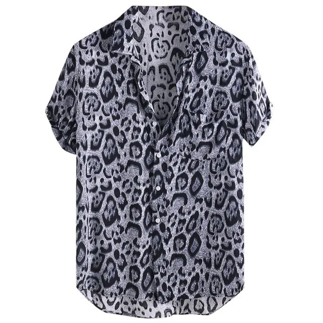 Mens Shirt Fashion Leopard Printed Chest Pocket Turn Down Collar Short Sleeve Casual Autumn Loose Shirt top blouse new 2019